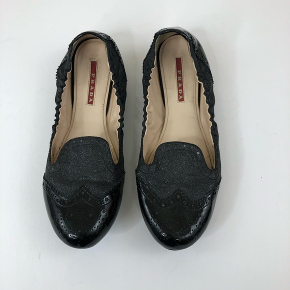 Prada Black Leather Glitter Ballet Flats size 38 - Picture 12 of 13
